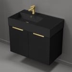 Nameeks DERIN728 32 Inch Floating Bathroom Vanity With Black Sink - Modern, Matte Black, Gold Handles